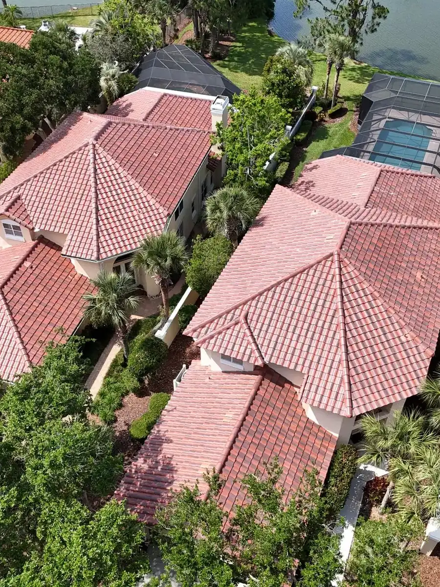 Aerial view of a tile-roofed home
