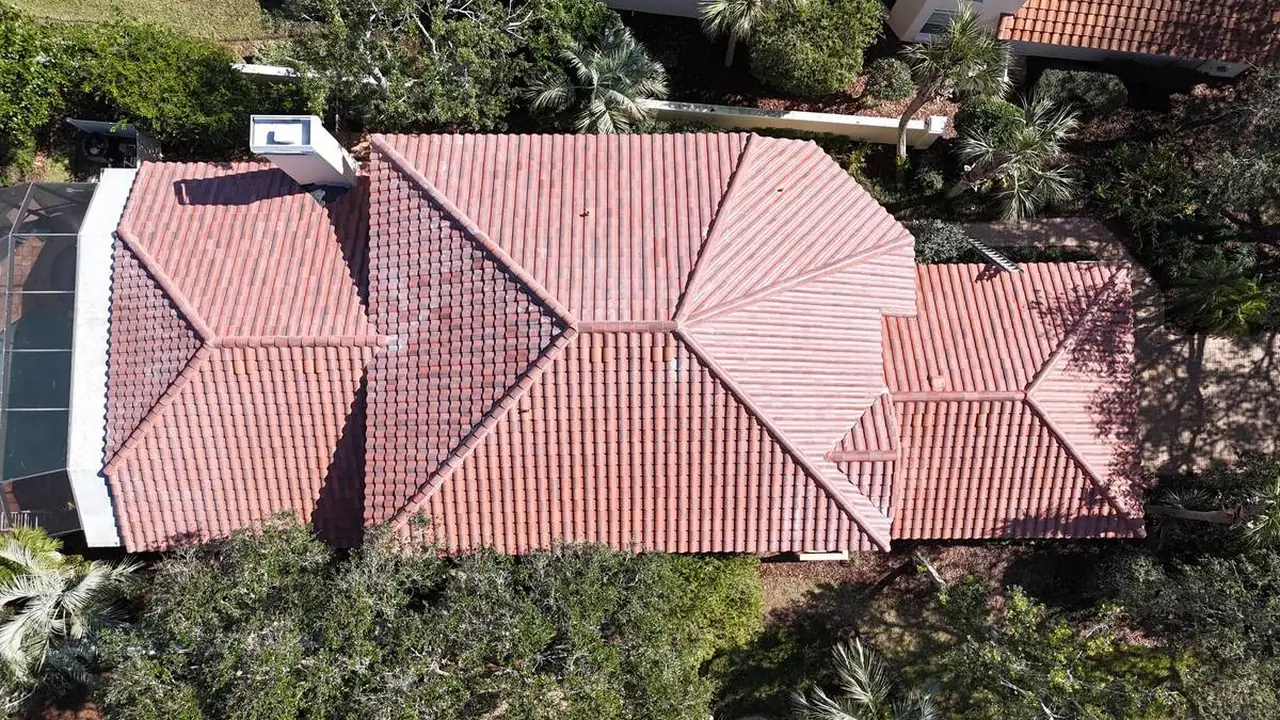 Aerial view of a tile roof neighborhood